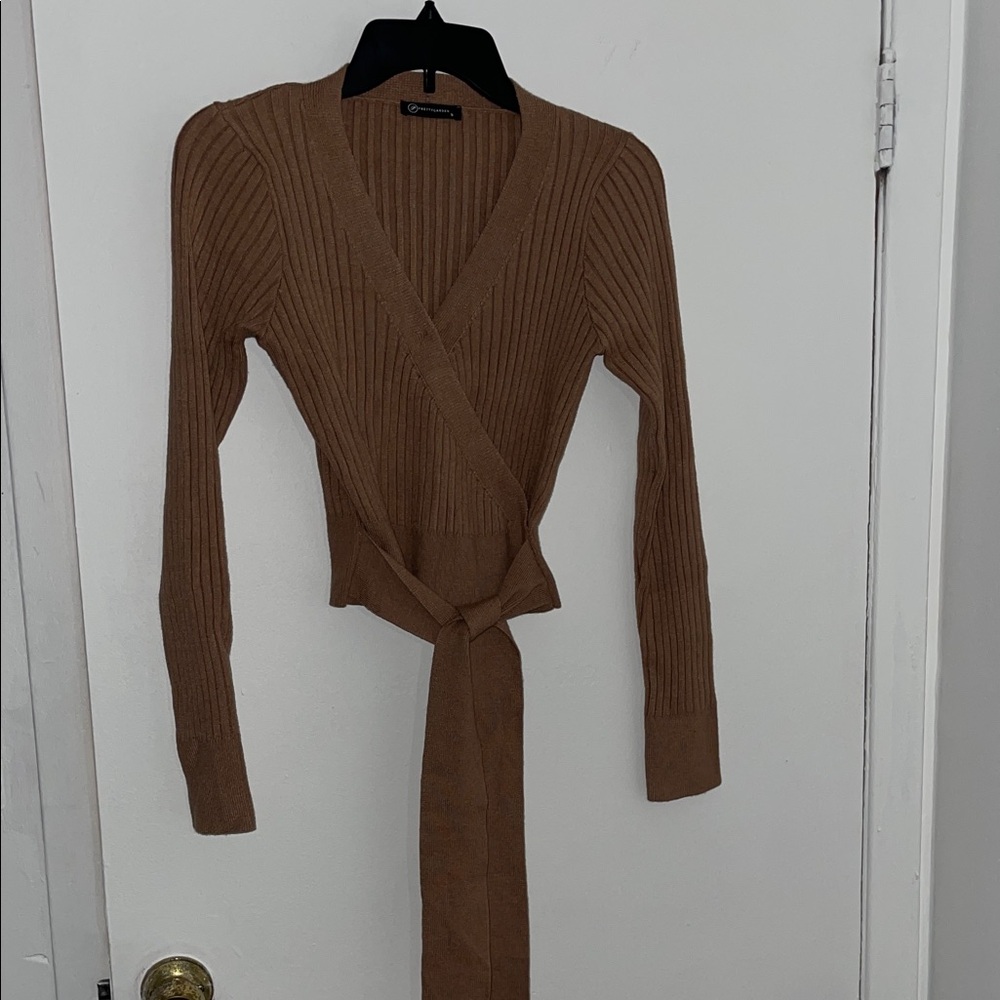 Elegant Tan V-Neck Wrap Sweater